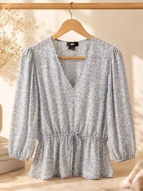 DKNY Blue Long Sleeve Floral Peplum Top NWT Size Small